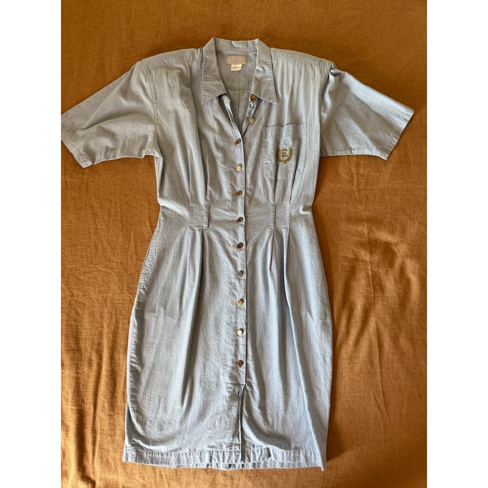Vintage 90s Esprit Collection Shirt Dress Gold Crest Button Front Midi Dress
